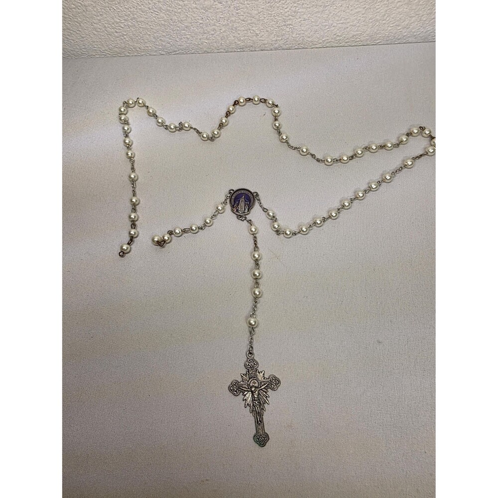 Vintage Catholic Rosary with Faux Pearl Beads, Silver Tone Religious Prayer